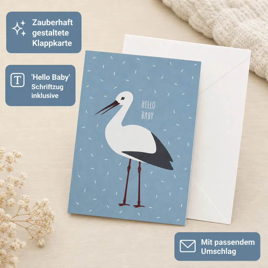 Ava & Yves Glückwunsch Karte zur Geburt Storch blau