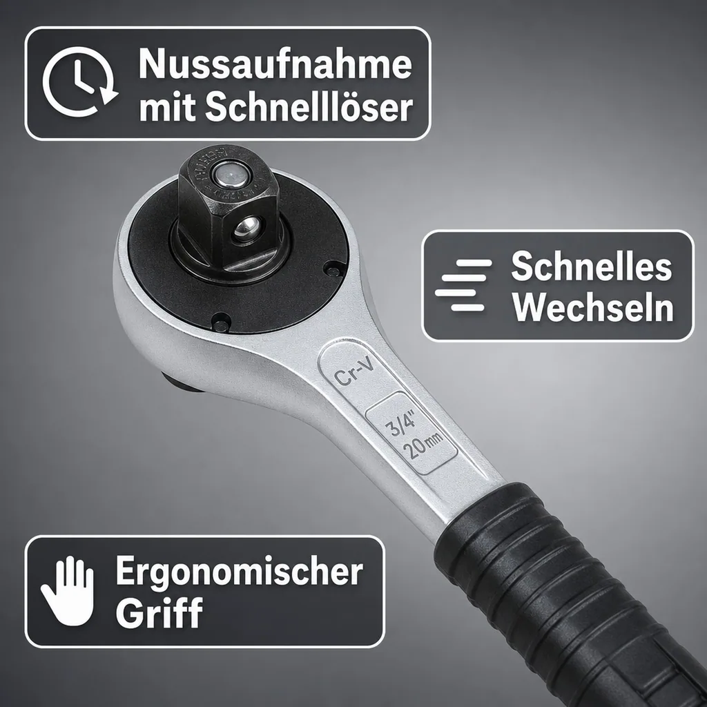 3/4 Zoll Knarre, Umschaltknarre, 72 Zähne, 550mm, Profi Werkzeug
