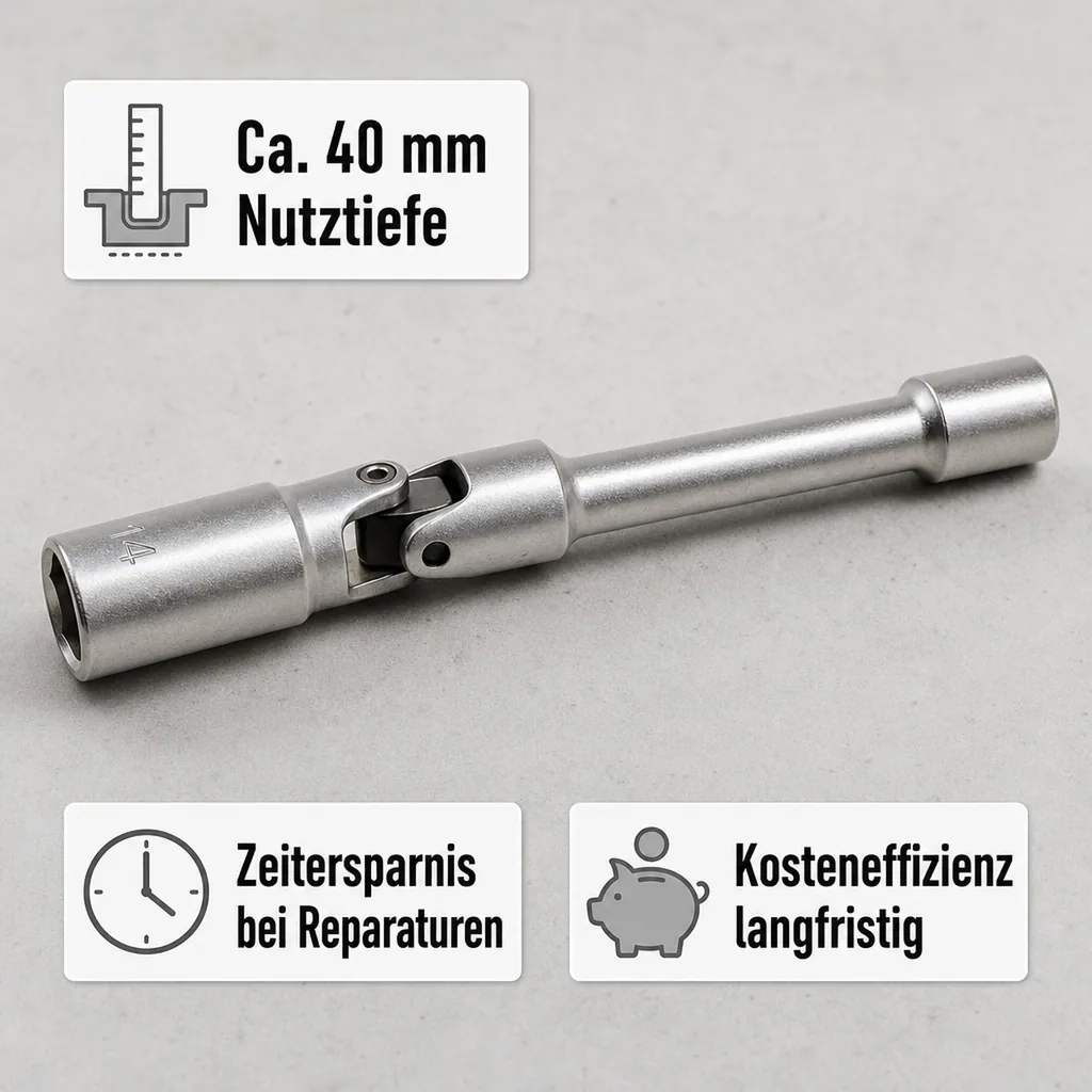 Glühkerzenschlüssel 14mm, Gelenk, 3/8 Zoll Nuss, 12pt