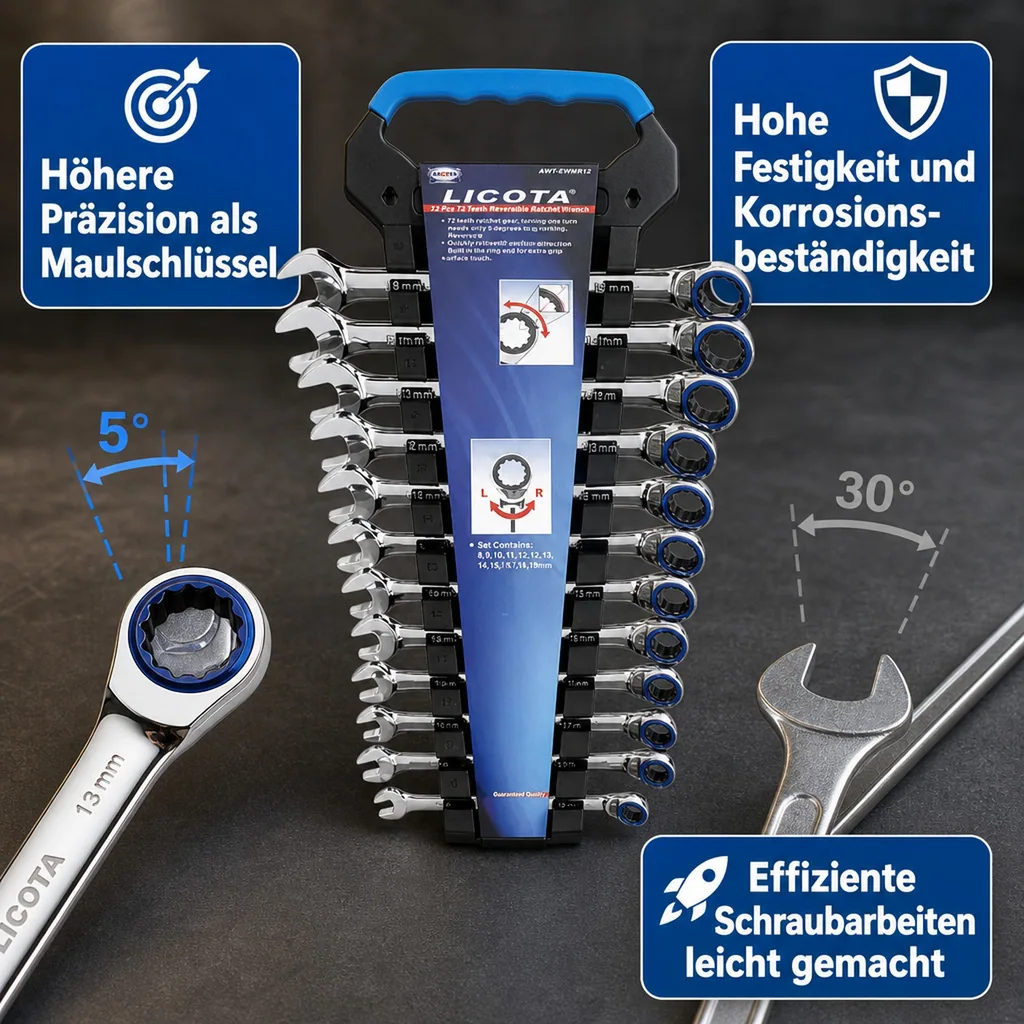 Ringratschenschlüssel Set, 12-teilig, 8-19mm, 72 Zähne, umschaltbar