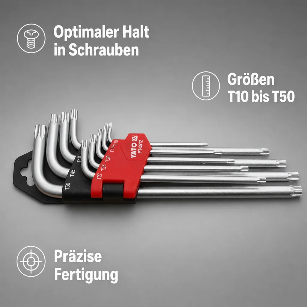 Innensechskant Schlüssel Set, 9-teilig, T10-T50, Stiftschlüssel Innensechskant, Yato, manipulationssicher