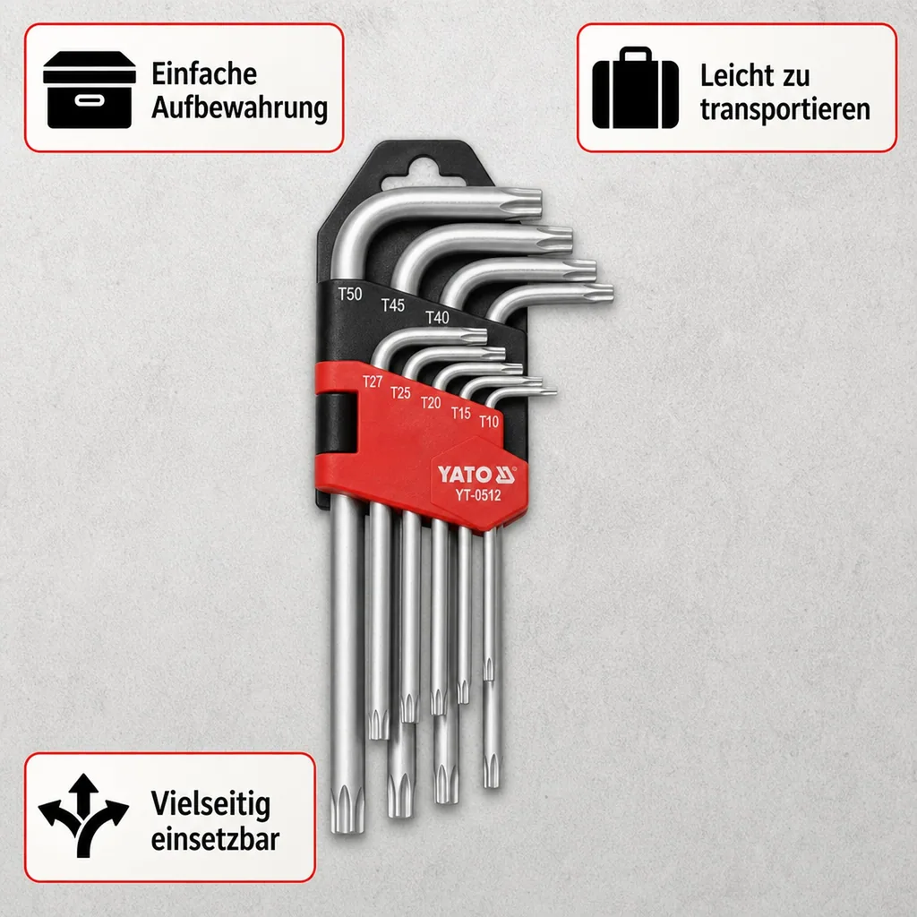 Innensechskant Schlüssel Set, 9-teilig, T10-T50, Stiftschlüssel Innensechskant, Yato, manipulationssicher