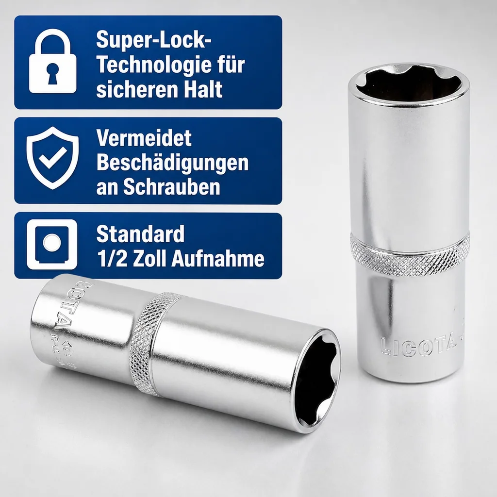 1/2 Zoll Nuss, Stecknuss, lange Ausführung, 14mm CrV, Super-Lock