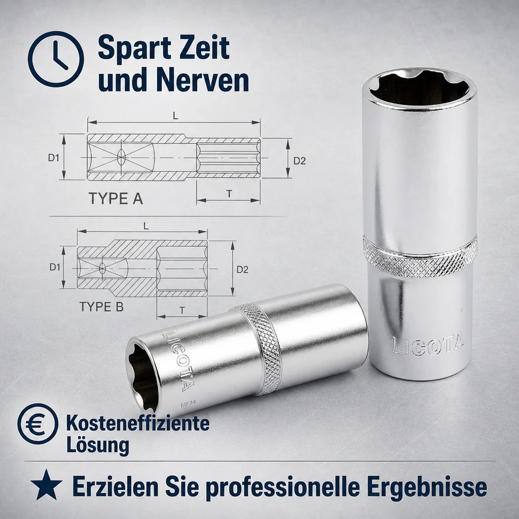 1/2 Zoll Nuss, Stecknuss, lange Ausführung, 14mm CrV, Super-Lock