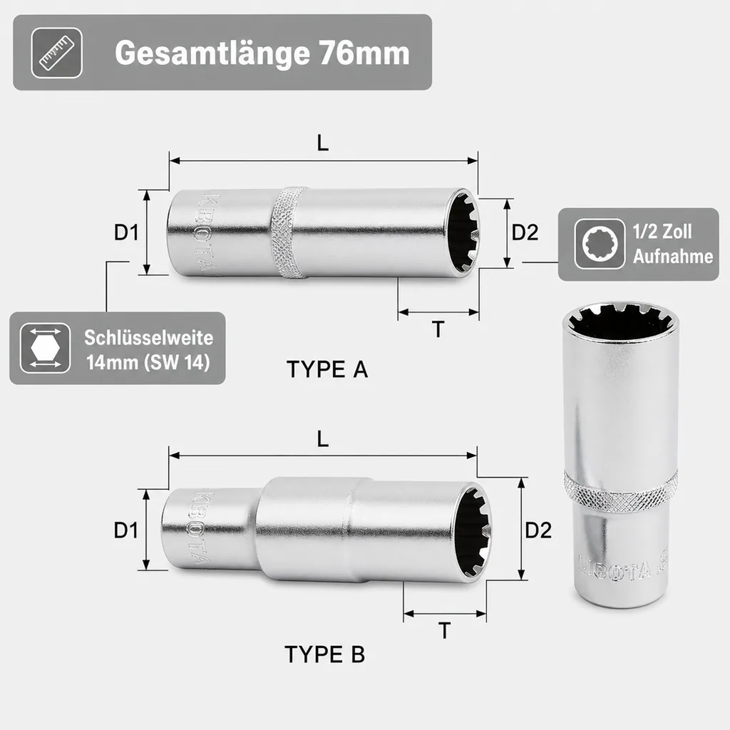 1/2 Zoll Nuss, Vielzahn Nuss, 14mm Nuss, lange Ausführung