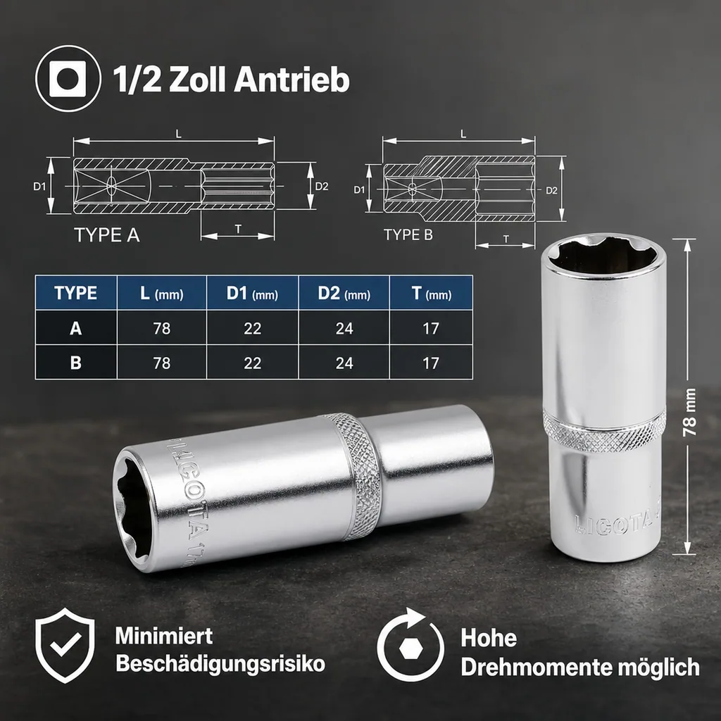 17mm Nuss, Superlock, 1/2 Zoll Stecknuss, CrV, lange Ausführung
