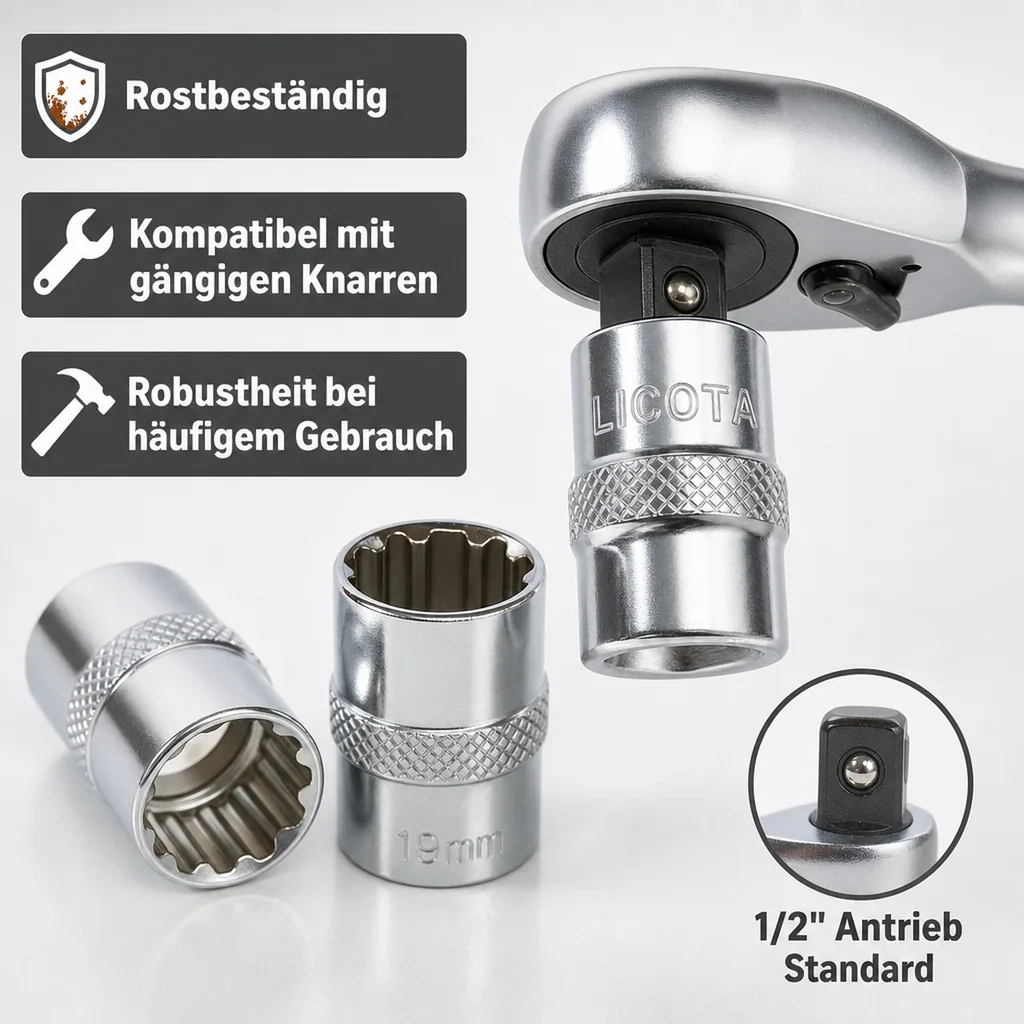 Stecknuss 1/2 Zoll, Spline Einsatz, Knarre, 17mm, Cr-V