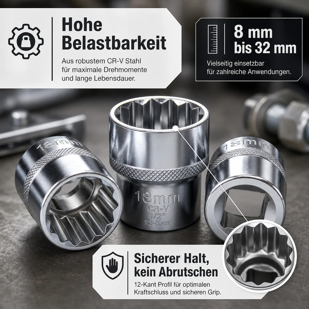 1 2 zoll nuss, 18 mm Nuss, CR-V, 12-Kant, Industriequalität