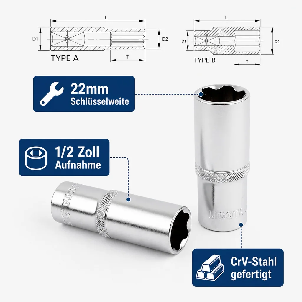 22mm Nuss, 1/2 Zoll, Stecknuss, Superlock, CrV