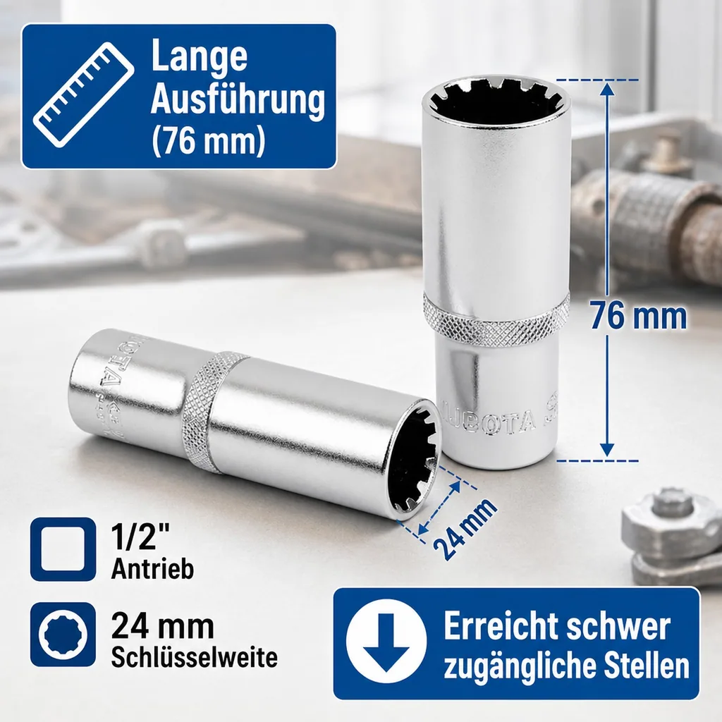 1/2 Zoll Vielzahn Nuss, lang, 24mm Schlüsselweite, CrV