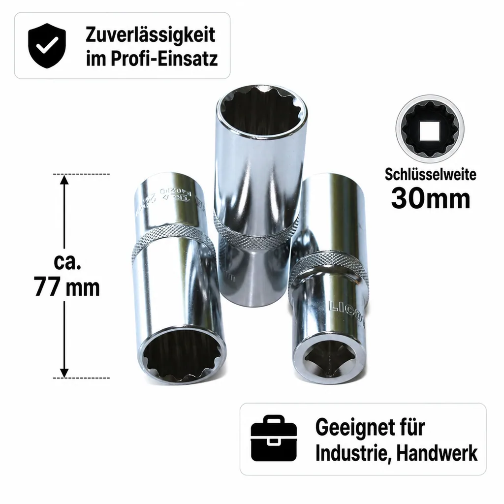 Stecknuss 30mm, 1/2 Zoll Nuss, Lang, 12 Kant, Cr-V