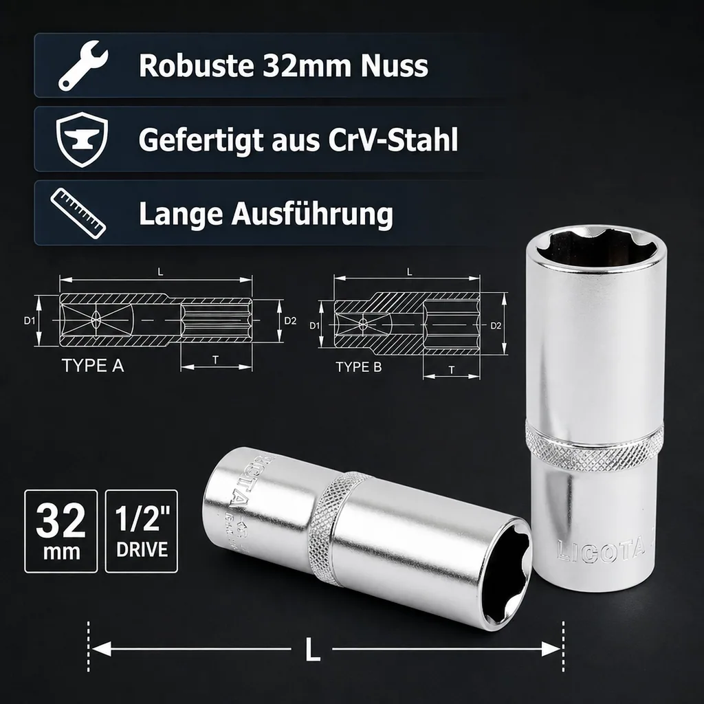 32mm Nuss, 1/2 Zoll Stecknuss, CrV, lange Ausführung, SW 32