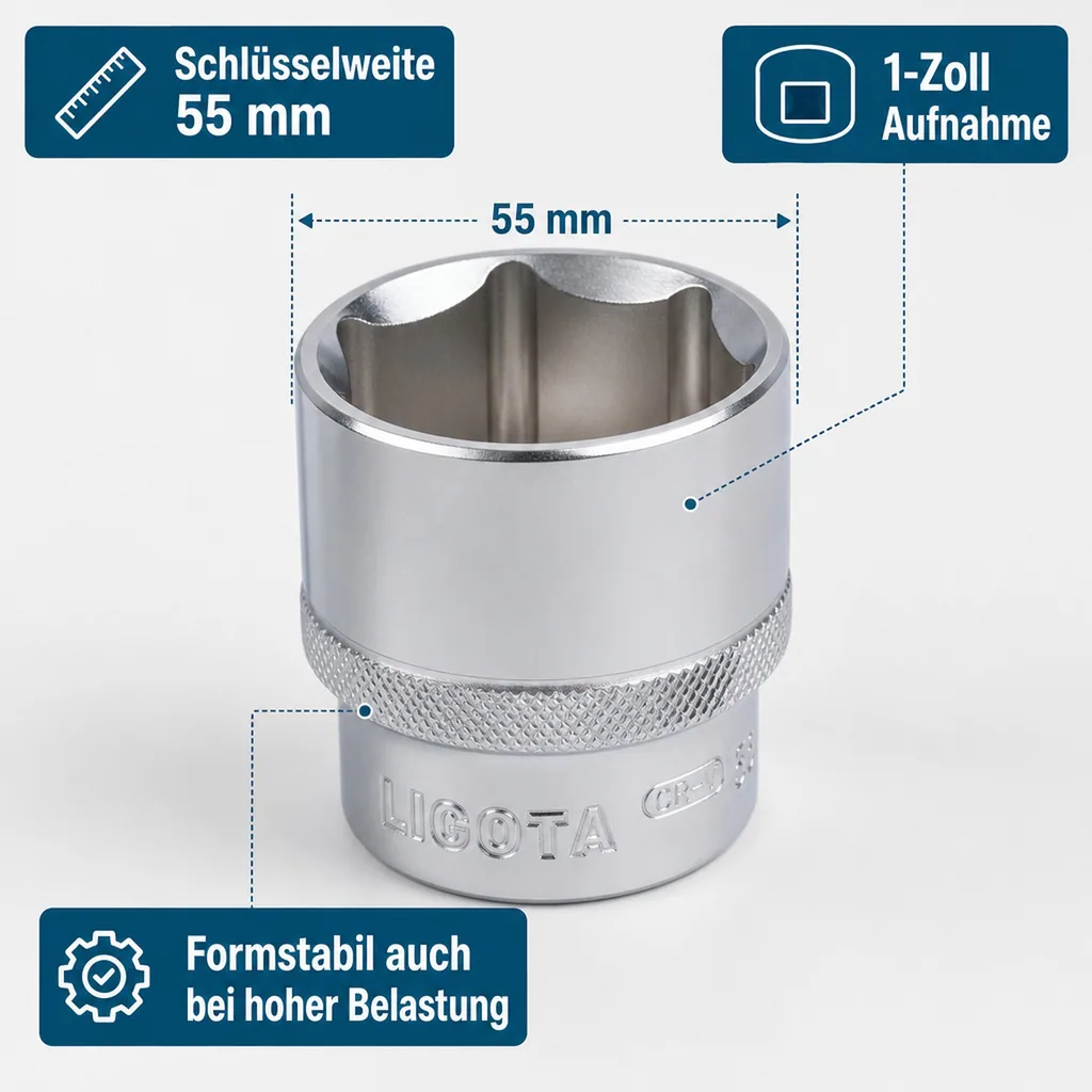55mm Nuss, 1 Zoll Nuss, Industrie Stecknuss, SW 55, 6-Kant, Cr-V
