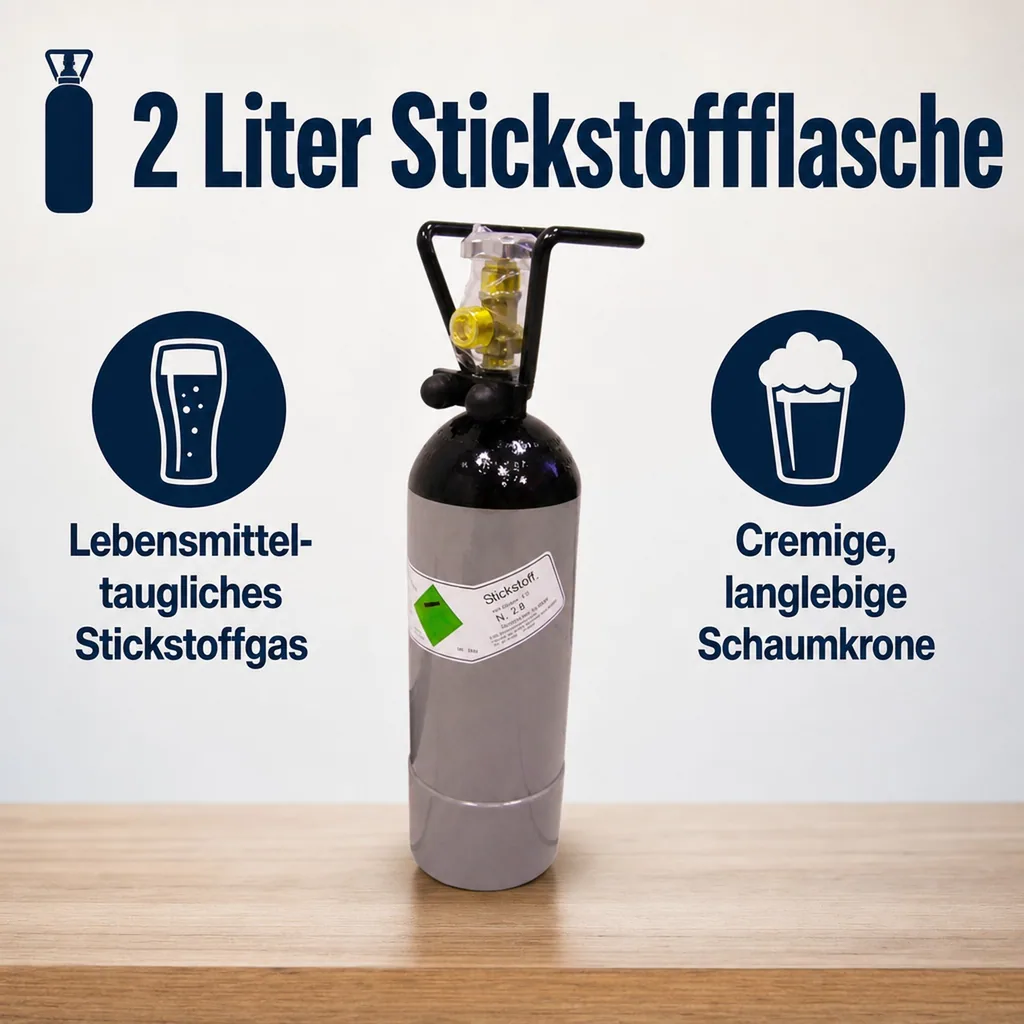 ich-zapfe Stickstoff Flasche 2l mit Flaschencage - Flasche mit Zwei Litern Stickstoff in Lebensmittelqualität zum Zapfen von Stout Bieren mit dafür geeigneten Bier Zapfanlage