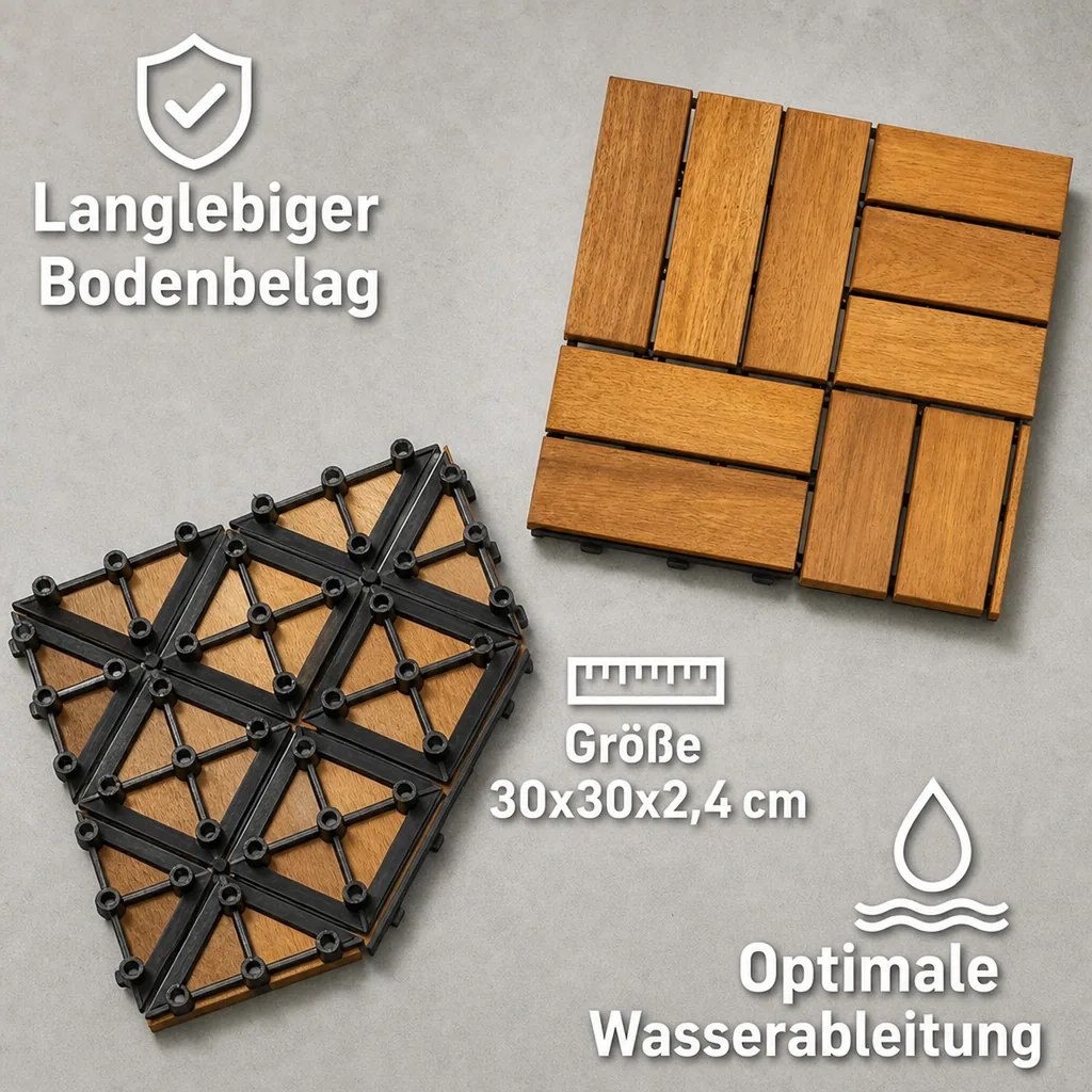 Terrassenfliesen Akazienholz, Mosaik Click, 30x30x2,4 cm, Holzfliesen Terrasse