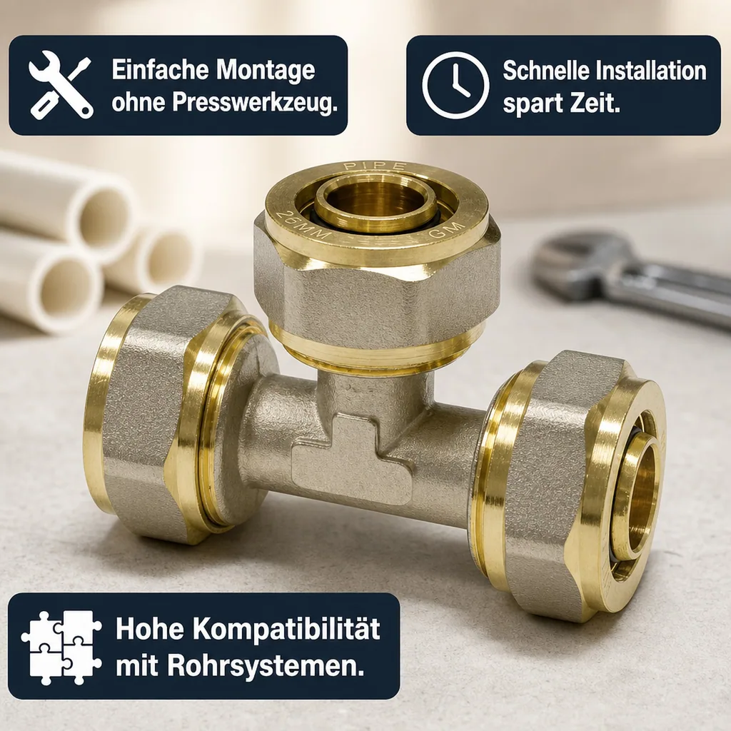 Schraubfitting Installation, T-Stück 26mm