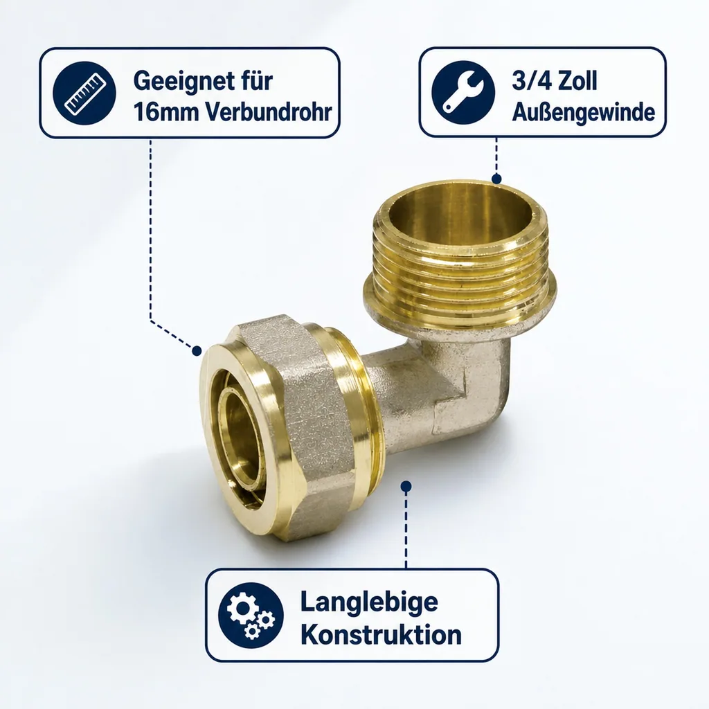 16mm Fitting, Winkel, Schraubfitting, 3/4 Zoll AG, für Verbundrohr