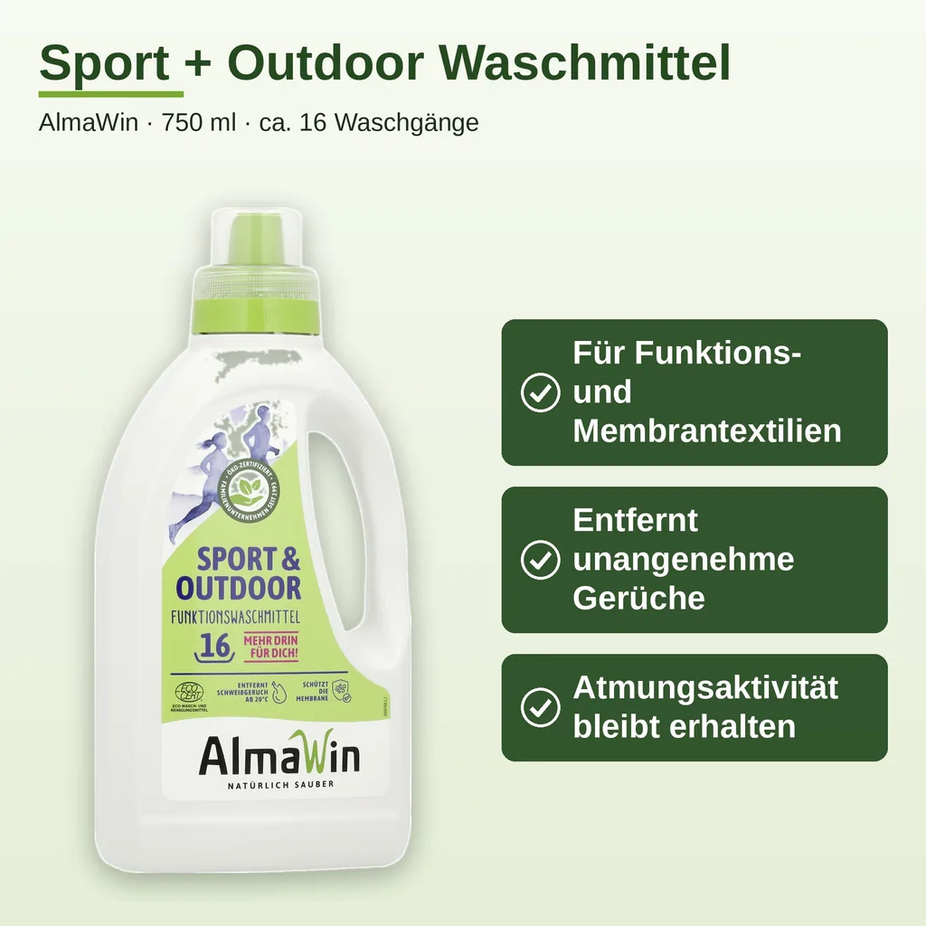 ALMAWIN Sport + Outdoor Flüssigwaschmittel 750 ml für ca. 16 Waschgänge