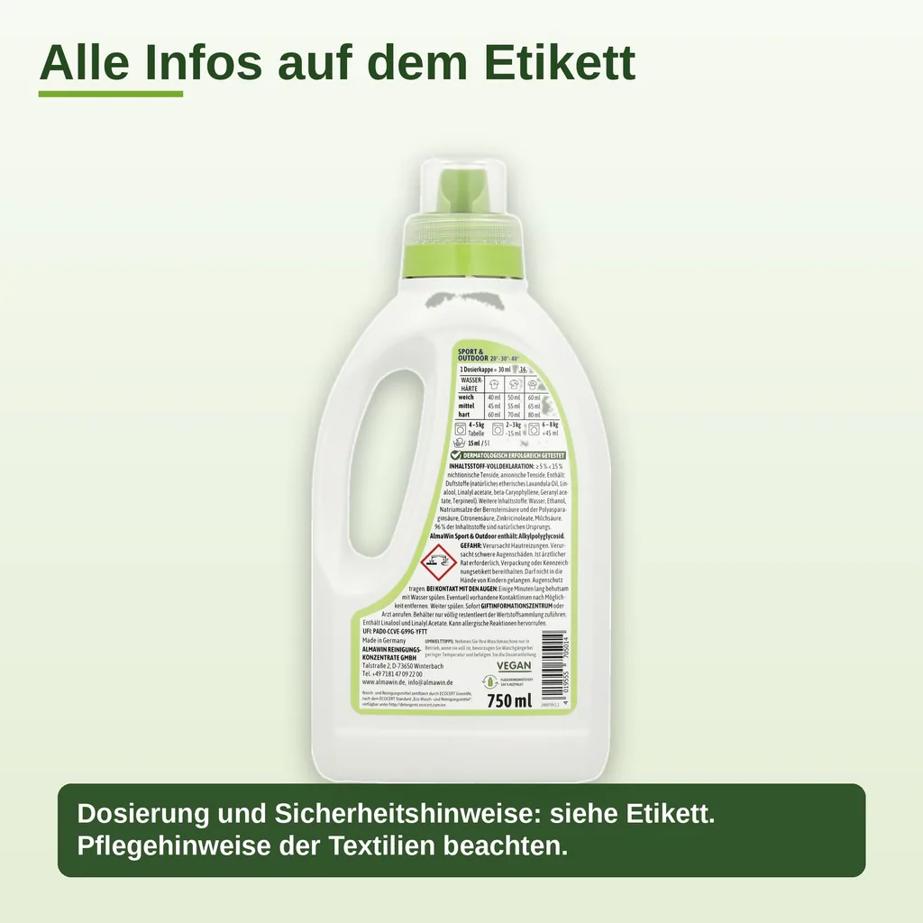 ALMAWIN Sport + Outdoor Flüssigwaschmittel 750 ml für ca. 16 Waschgänge