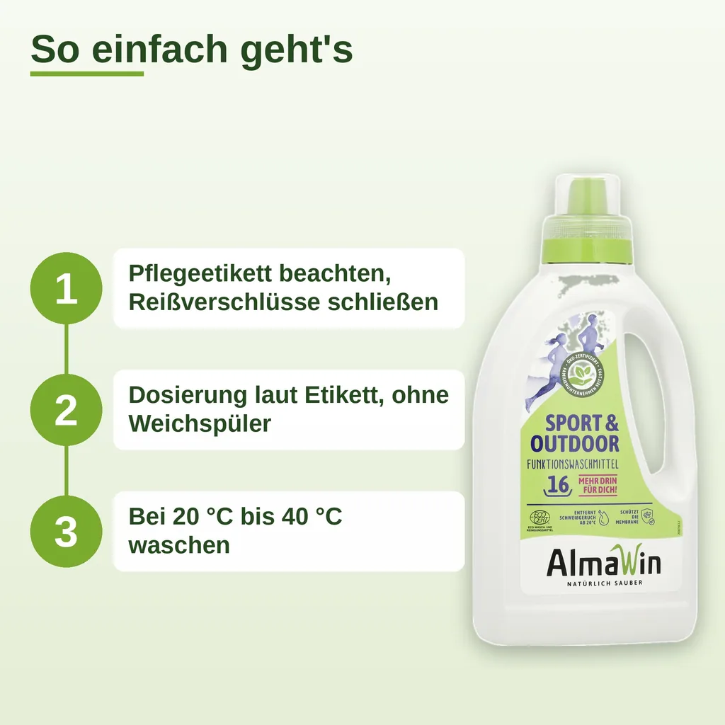 ALMAWIN Sport + Outdoor Flüssigwaschmittel 750 ml für ca. 16 Waschgänge