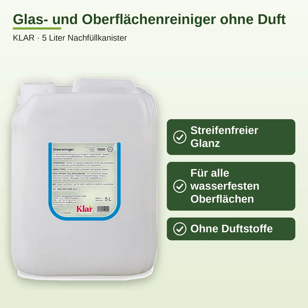 KLAR Glas- und Oberflächenreiniger 5 Liter ohne Duft