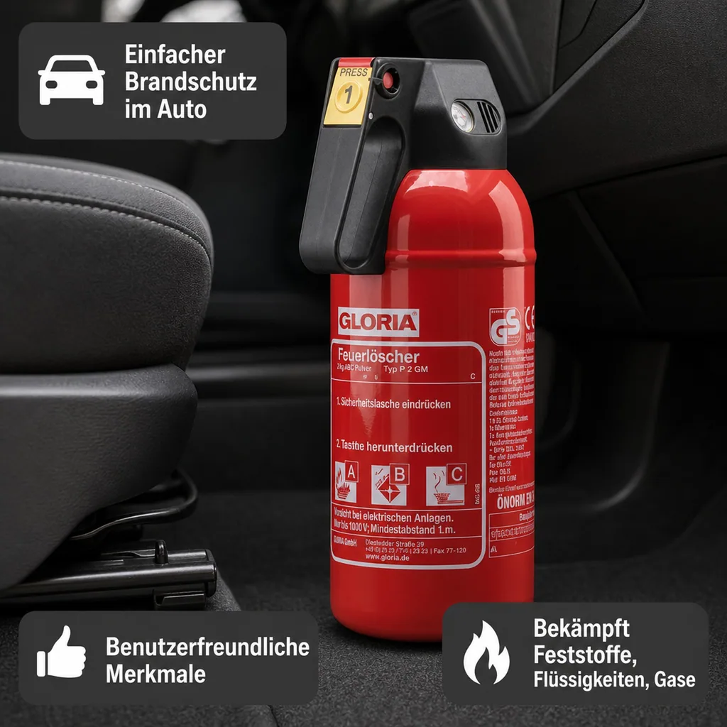 Feuerlöscher, Pulverlöscher - P 2 GM, mit Kfz.-Halter - Kompakter ABC-Löscher für Ihr Auto
