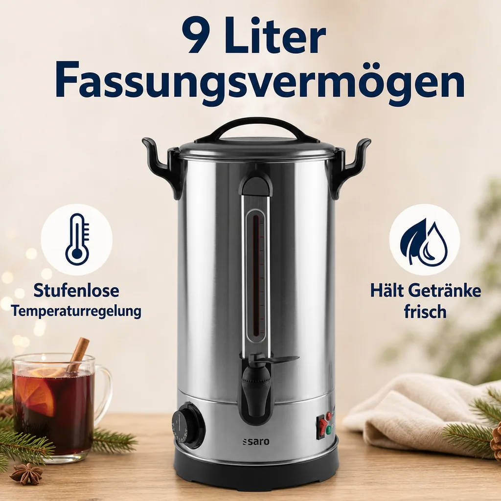 Glühweinkocher, Heißwasserspender, Glühweinautomat, Glühweinwärmer - ANCONA 10, 9 L für Glühwein, Tee & mehr