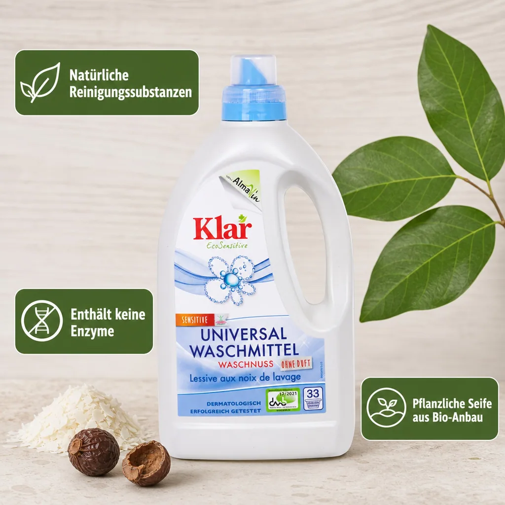 KLAR Universal Waschmittel Waschnuss flüssig 1,5 Liter für 20°C bis 95°C geeignet