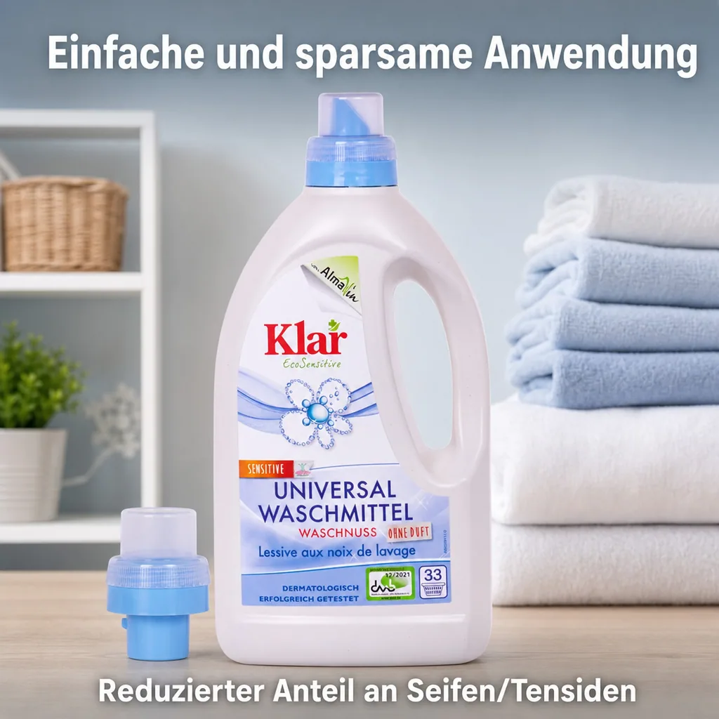 KLAR Universal Waschmittel Waschnuss flüssig 1,5 Liter für 20°C bis 95°C geeignet