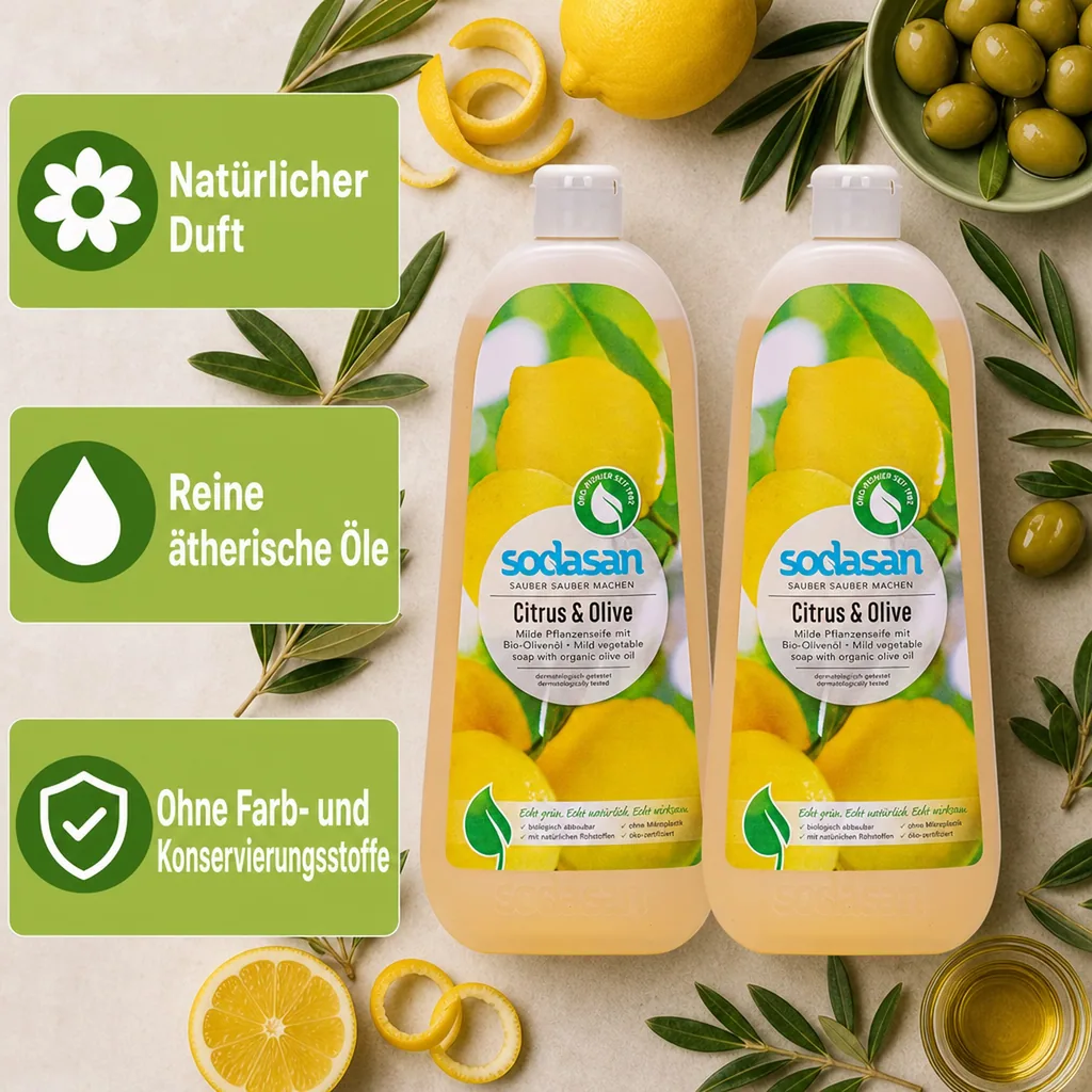 SODASAN Flüssigseife Liquid Citrus-Olive 2 x 1 Liter