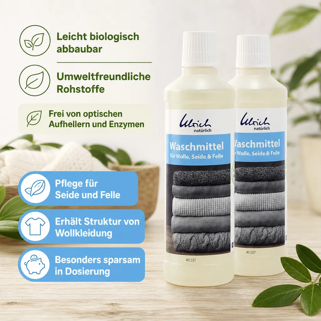 ULRICH natürlich Waschmittel für Wolle, Seide und Felle 2 x 500 ml flüssig mit Lanolin