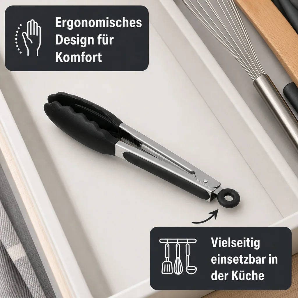 Küchenzange, Grillzange, Servierzange - Hitzebeständige Silikonzange mit Soft-Grip Griffen und Verschluss