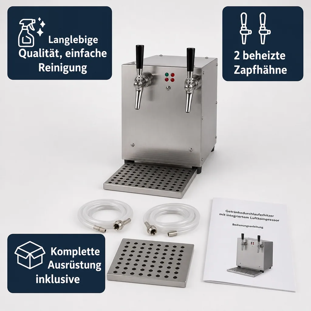 Glühweinzapfanlage, Getränke durchlauferhitzer - mit integriertem Luftkompressor, Edelstahl, 2-leitig 6kW