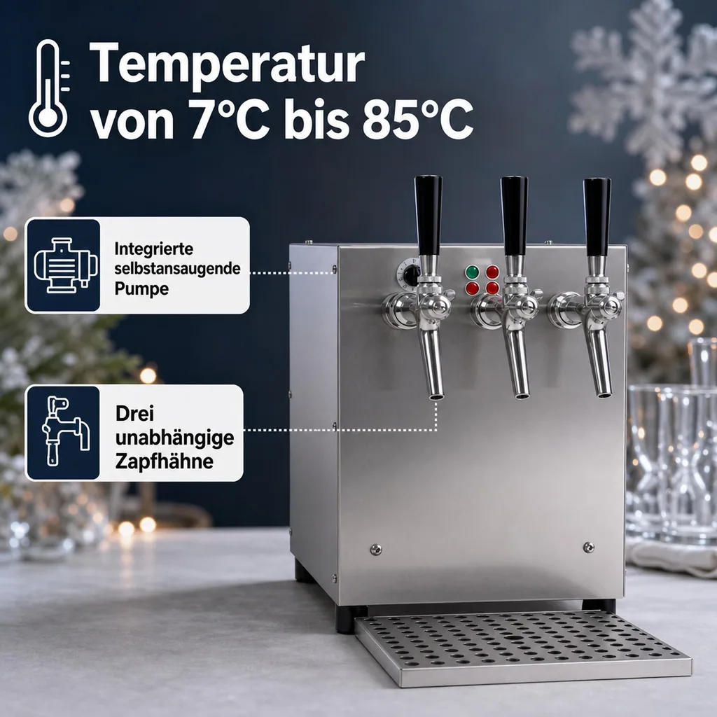 Glühweinzapfanlage, Getränke durchlauferhitzer - mit selbstansaugender Pumpe, Edelstahl, 3-leitig 6 KW
