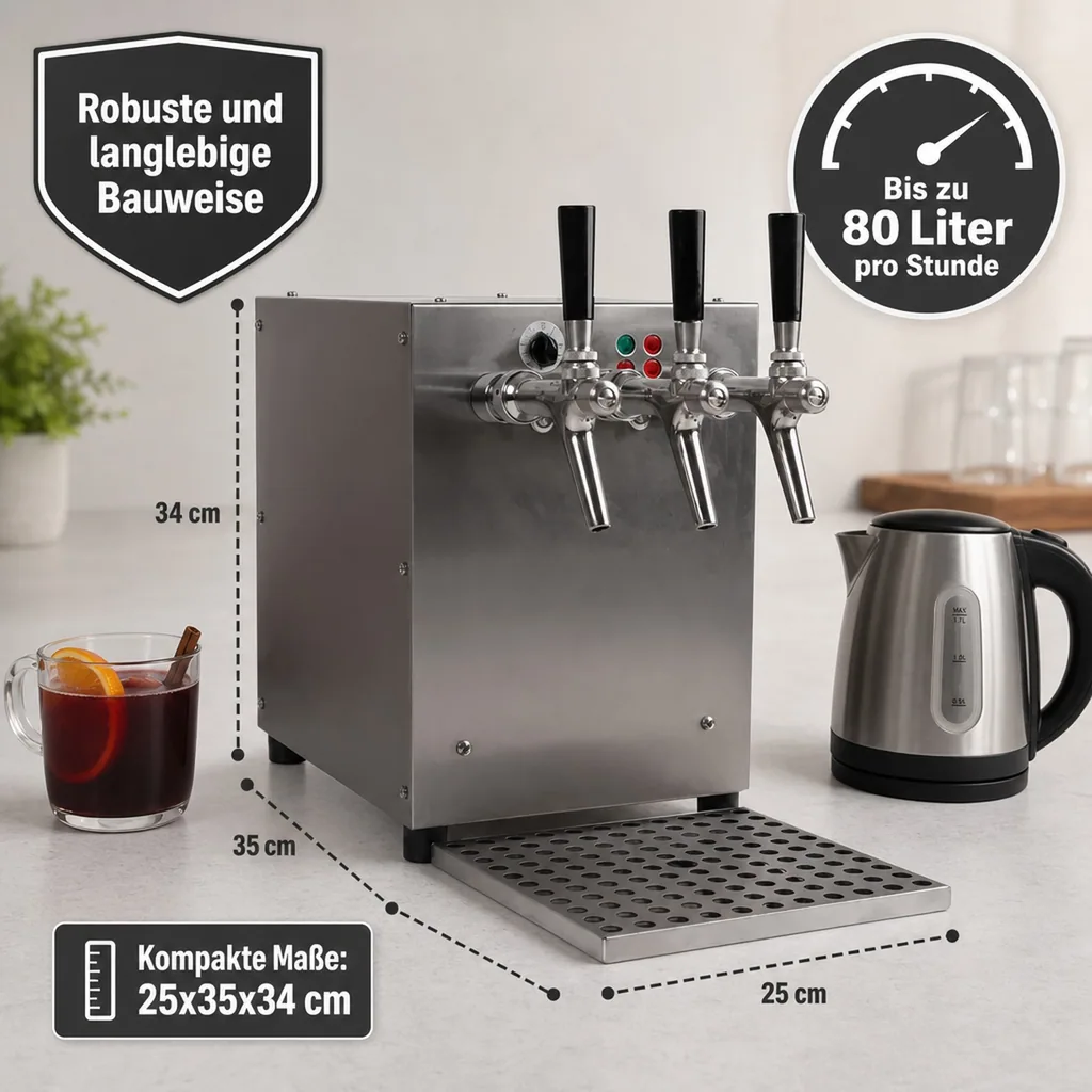 Glühweinzapfanlage, Getränke durchlauferhitzer - mit selbstansaugender Pumpe, Edelstahl, 3-leitig 6 KW