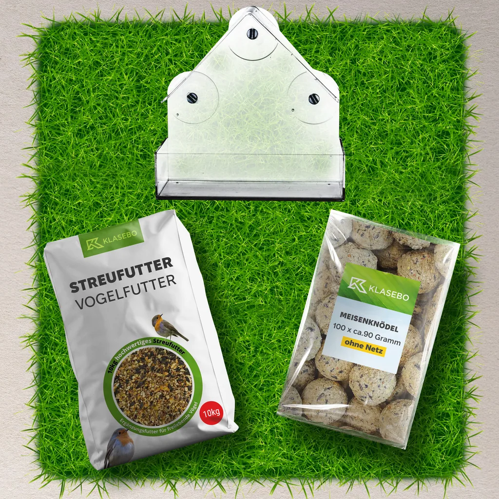 Vogelfutter Basis Set mit Futterhaus – Premium Streufutter 10 kg, Futterhaus für Fensterscheibe 1 Stk, Meisenknödel ohne Netz 100 Stk