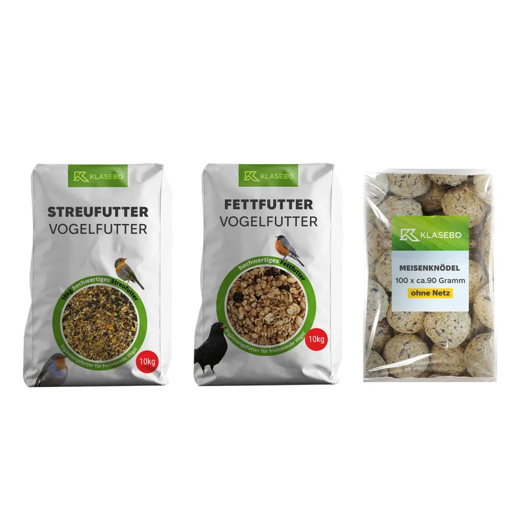 Vogelfutter Ganzjahres Set: Streufutter 10kg, Fettfutter 10kg, Insektenfettbällchen 100 Stk. ohne Netz