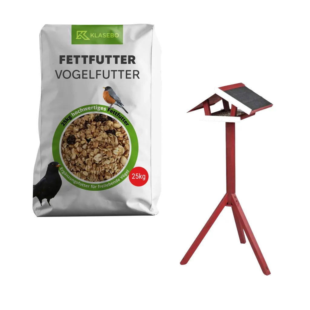 Vogelfutter Komplett Set  25kg – Premium Wildvogelfutter 25kg, Stehendes Vogelfutterhaus mit Ständer aus Holz rot/weiß 1 Stk.