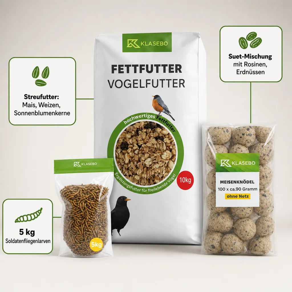 Set Wildvogel Winterfutter 40kg – Streufutter 25kg, getrocknete Schwarze Soldatenfliegenlarven 5kg, Hochenergie Suet-Mischung 10kg