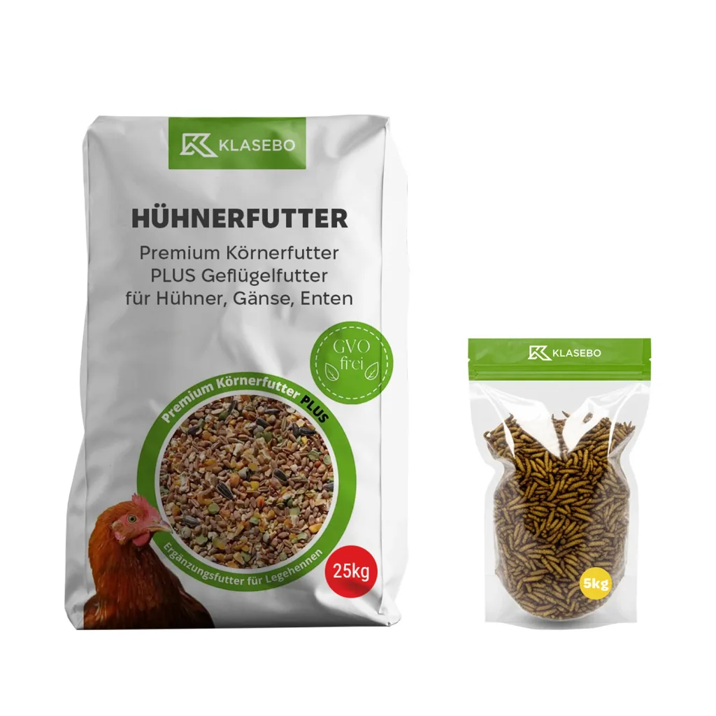 Set Hühnerfutter mit Insekten 30kg - Premium Geflügelfutter 25kg, Getrocknete Schwarzkopfmaden 5kg