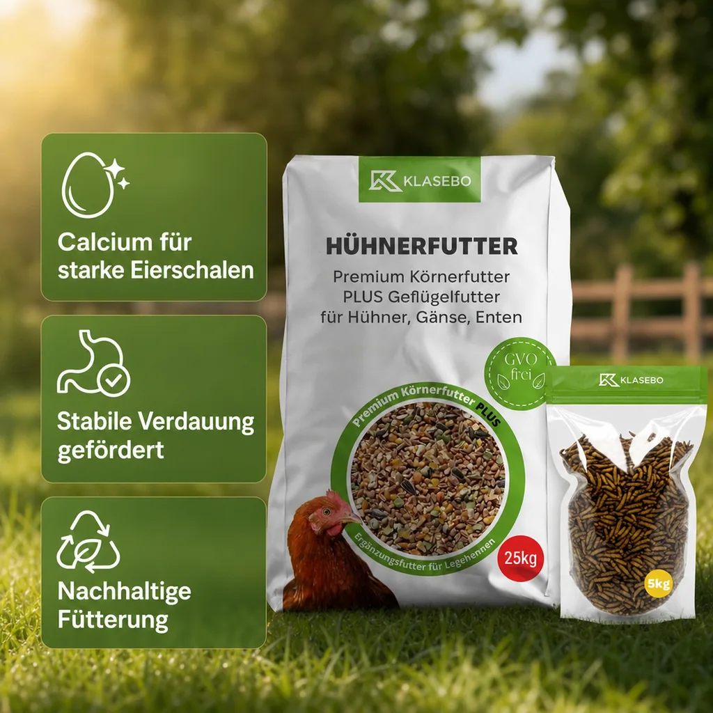 Set Hühnerfutter mit Insekten 30kg - Premium Geflügelfutter 25kg, Getrocknete Schwarzkopfmaden 5kg