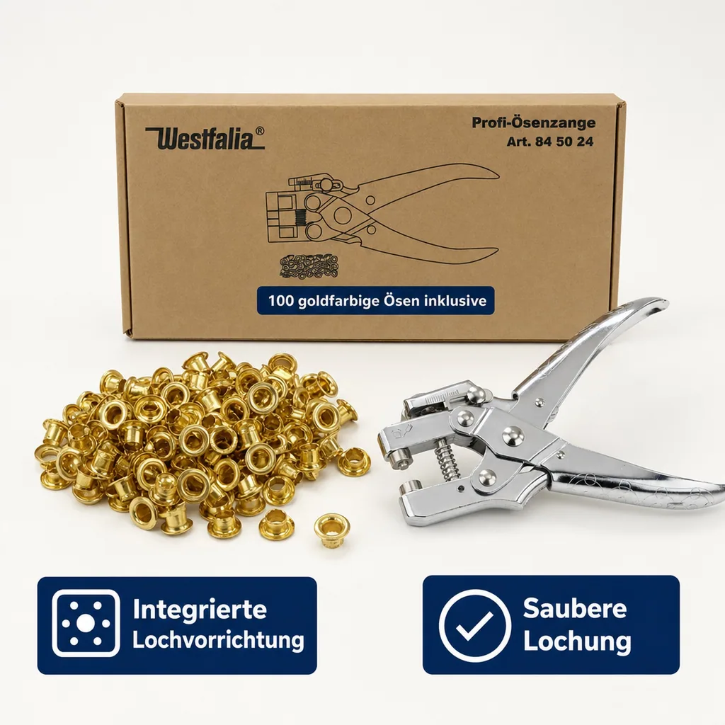 Profi Ösenzange, mit 100 Ösen goldfarbig