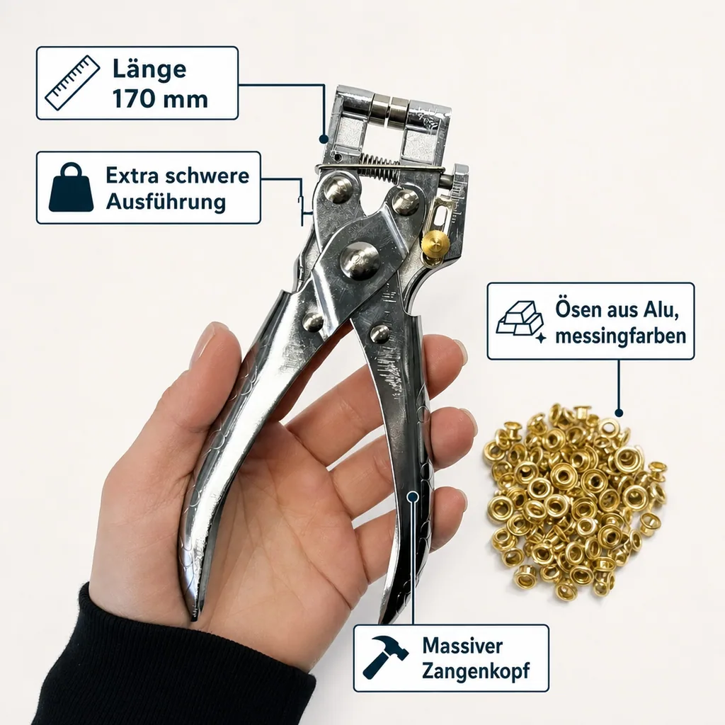 Profi Ösenzange, mit 100 Ösen goldfarbig