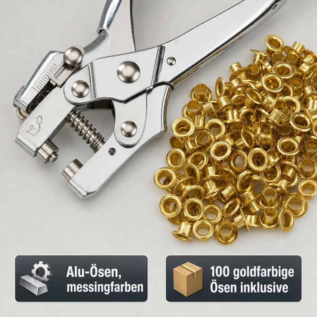 Profi Ösenzange, mit 100 Ösen goldfarbig