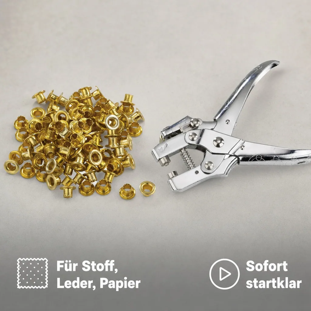 Profi Ösenzange, mit 100 Ösen goldfarbig