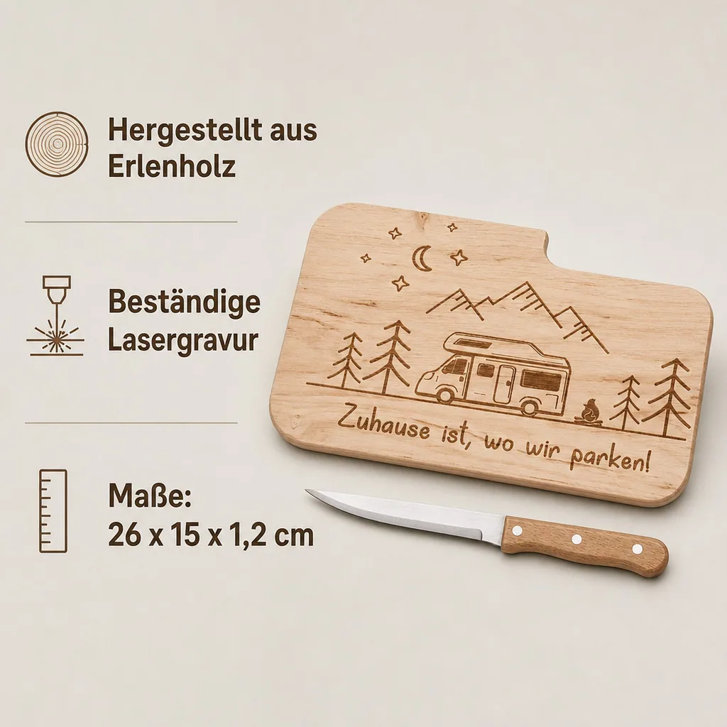 Schneidebrett "Camping" mit Messer