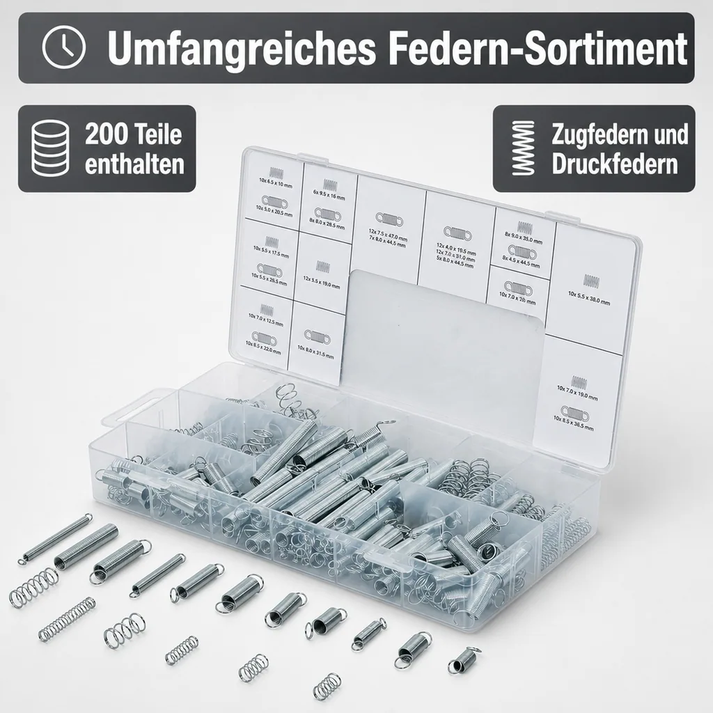 Federn-Sortiment, Zug- und Druckfedern, 200-tlg.