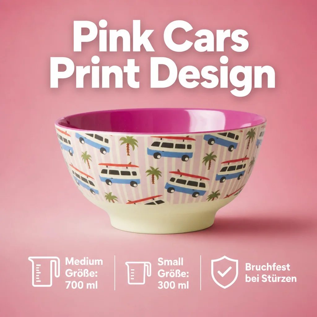 RICE Teller, Schüssel - Pink Cars Print, Melamin, Größe: mittel