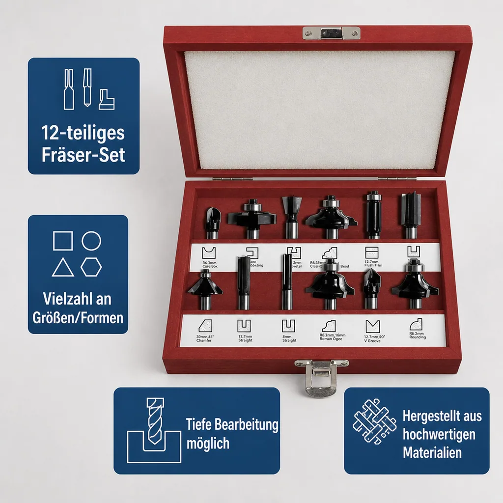 Fräser Satz mit 3 Schneidflächen, 12-teilig, Schaftlänge 42 mm