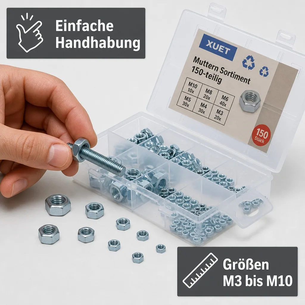 Muttern-Sortiment, M 3 - M 10, 150-tlg.